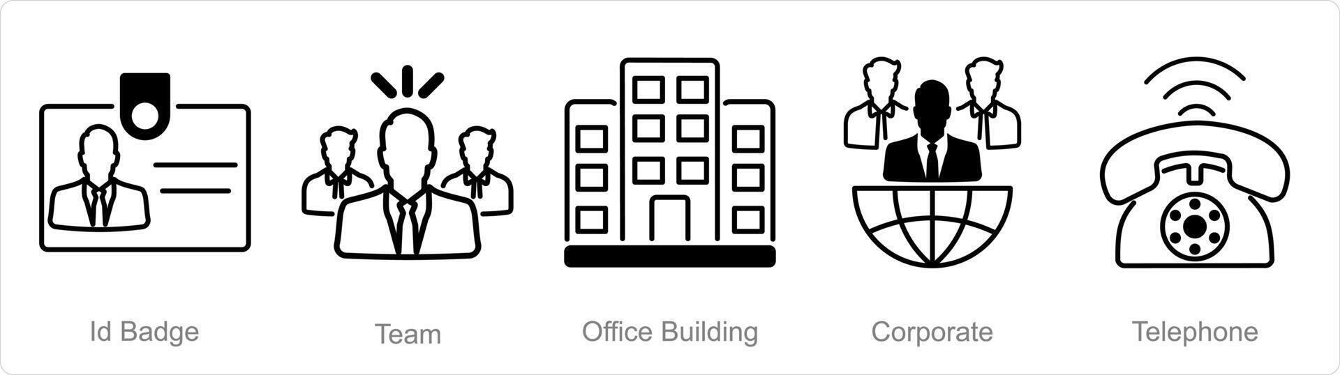 A set of 5 Office icons as id badge, team, office building vector