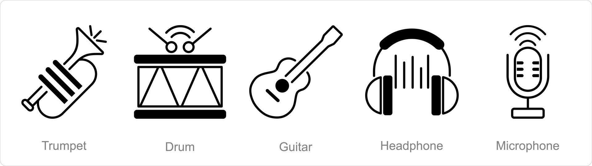 A set of 5 Music icons as trumpet, drum, guitar vector