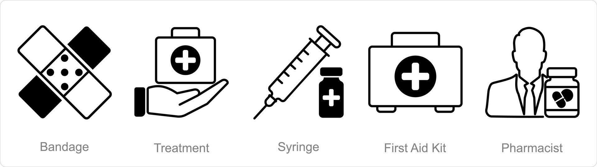 un conjunto de 5 5 farmacia íconos como vendaje, tratamiento, jeringuilla vector