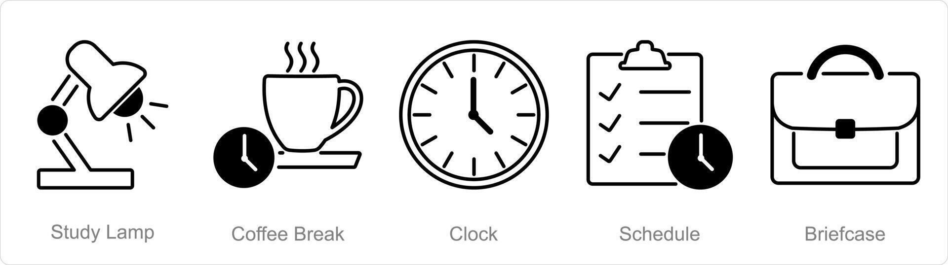 A set of 5 Office icons as study lamp, coffee break, clock vector