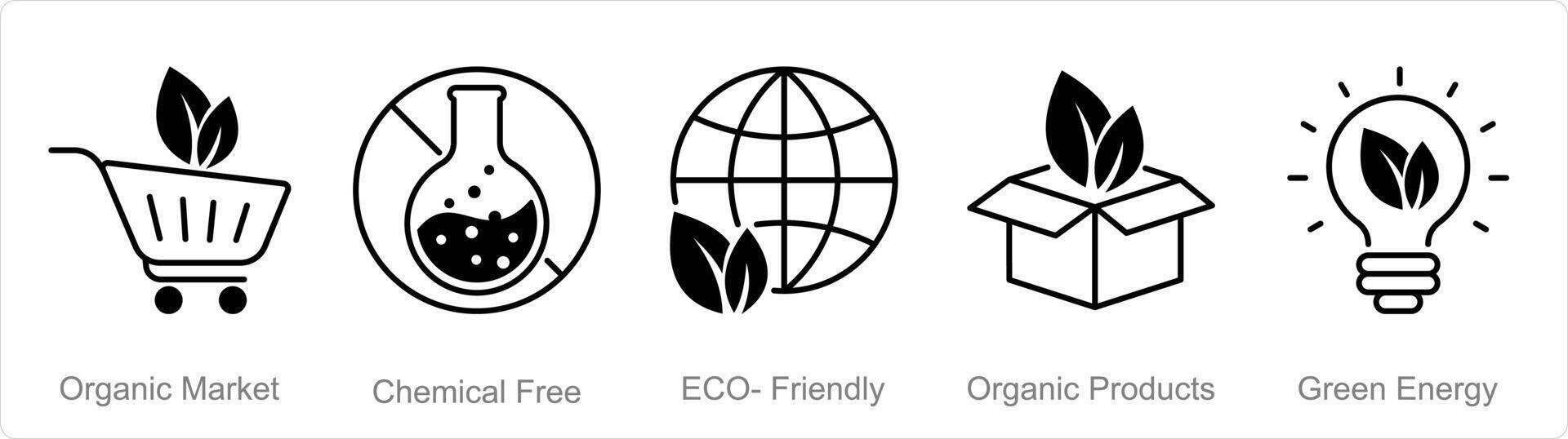 A set of 5 Organic Farming icons as organic market, chemical free, eco friendly vector