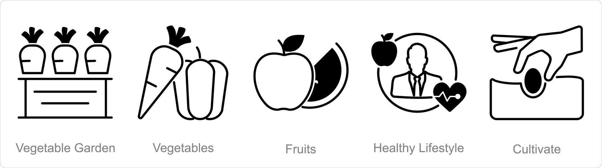 A set of 5 Organic Farming icons as vegetable garden, vegetables, fruits vector