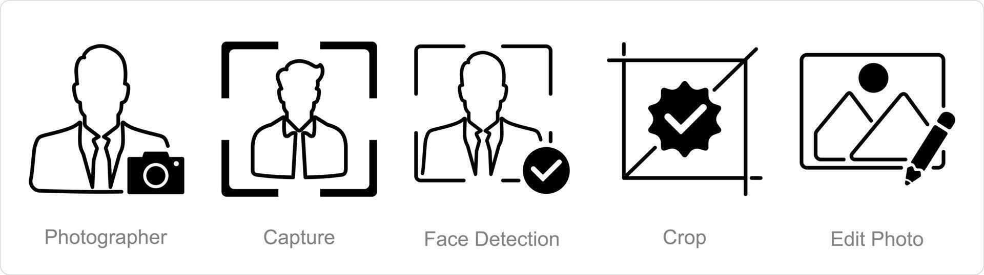 A set of 5 Photography icons as photographer, capture, face detection vector