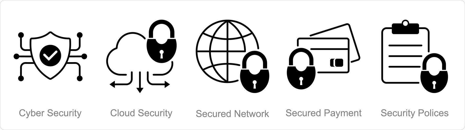 A set of 5 security icons as cyber security, cloud security, secured network vector