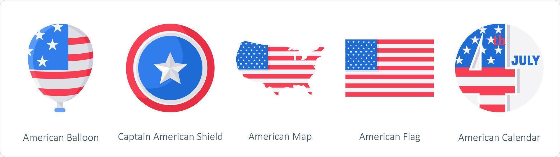 A Set of 5 America Independence Day icons as american balloon, caption american shield, american map vector