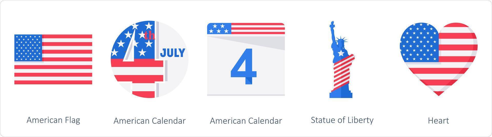 A Set of 5 America Independence Day icons as american flag, american calendar, statue of liberty vector