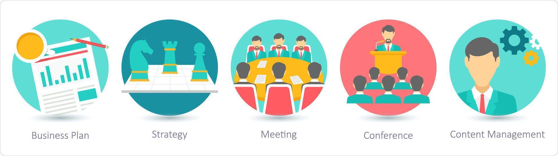 A set of 5 business icons as business plan, strategy, meeting vector