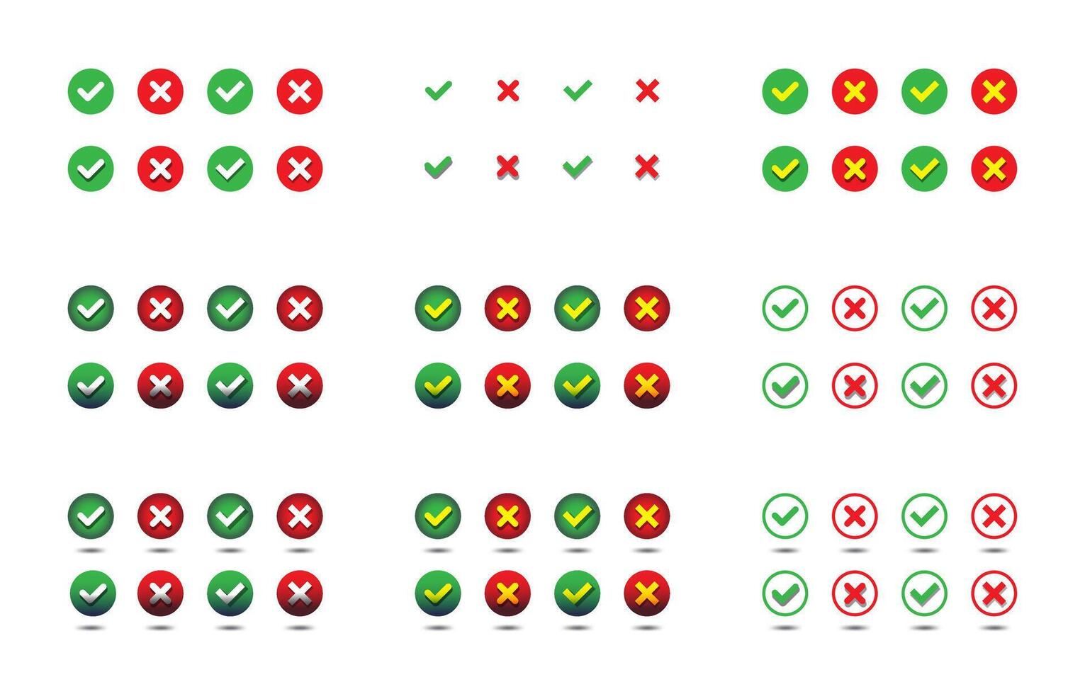 Set of check mark and X mark icons. Validation buttons collection. Vector illustration.