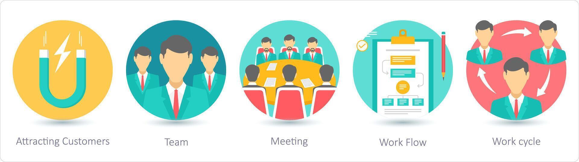 A set of 5 business icons as attracting customers, team, meeting vector