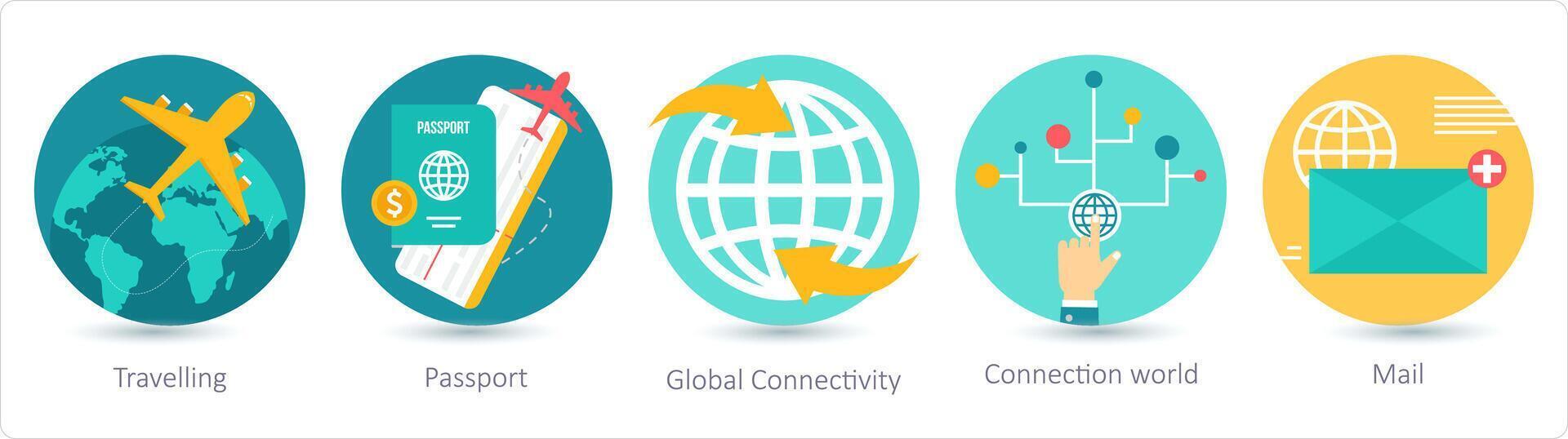 A set of 5 business icons as travelling, passport, global connectivity vector