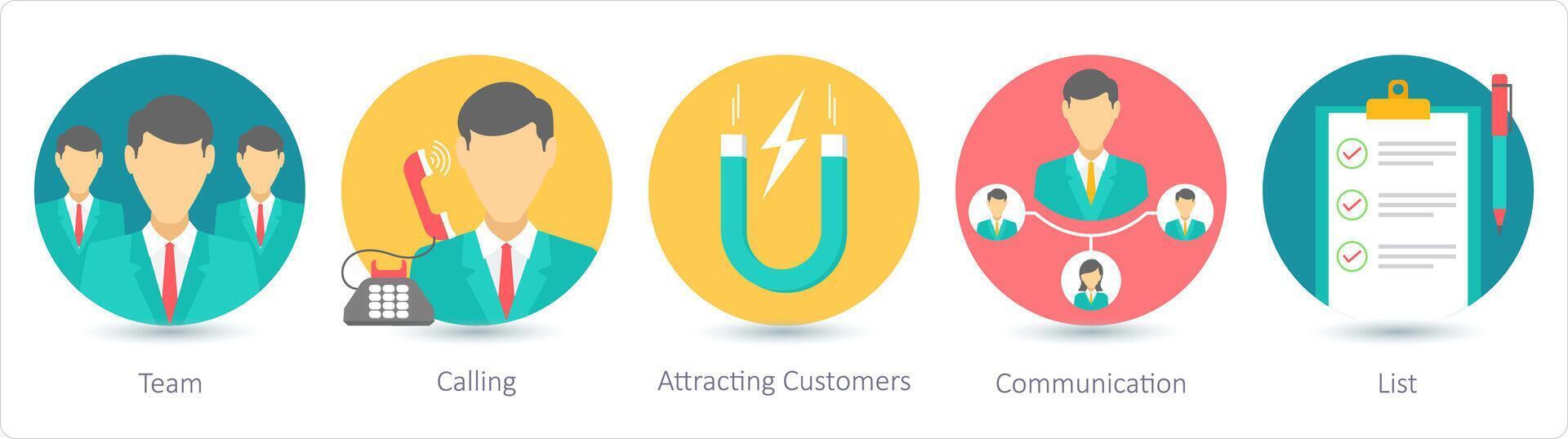 A set of 5 business icons as team, calling, attracting customer vector