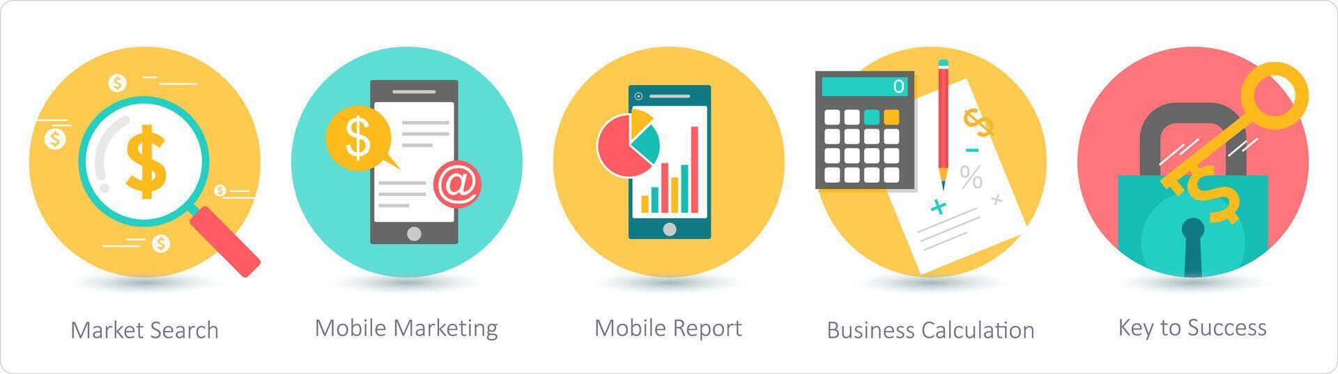 A set of 5 business icons as market search, mobile marketing, mobile report vector