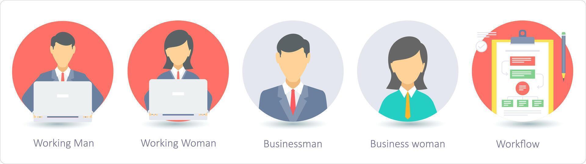 A set of 5 business icons as working man, working woman, businessman vector