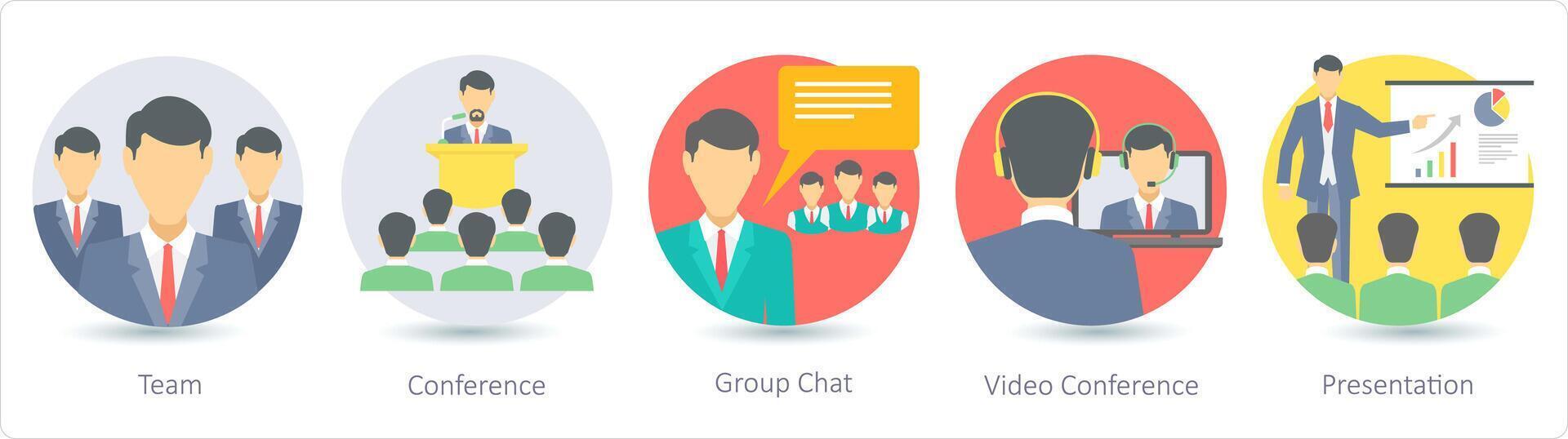 A set of 5 business icons as team, conference, group chat vector