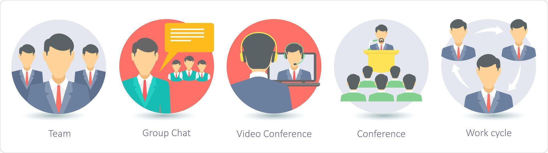 A set of 5 business icons as team, group chat, video conference vector