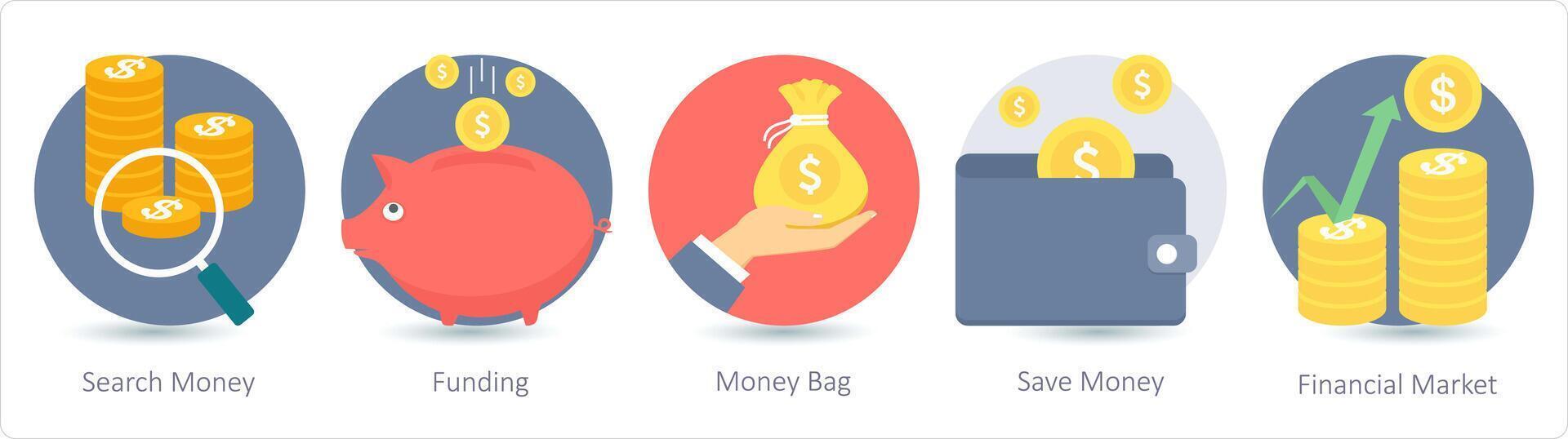 A set of 5 business icons as search money, funding, money bag vector