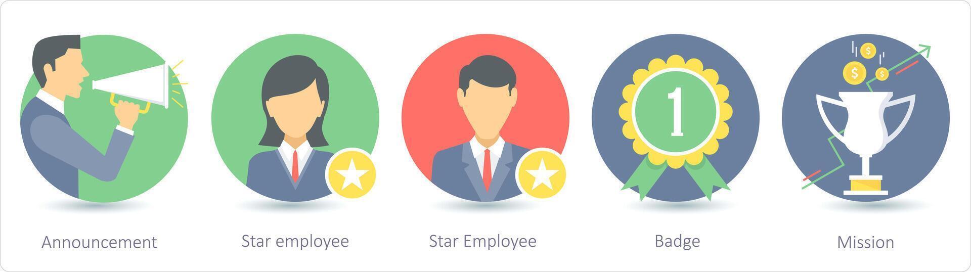 A set of 5 business icons as announcement, star employee, badge vector