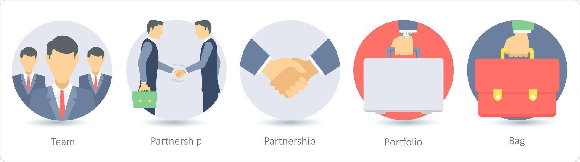 A set of 5 business icons as team, partnership, portfolio vector