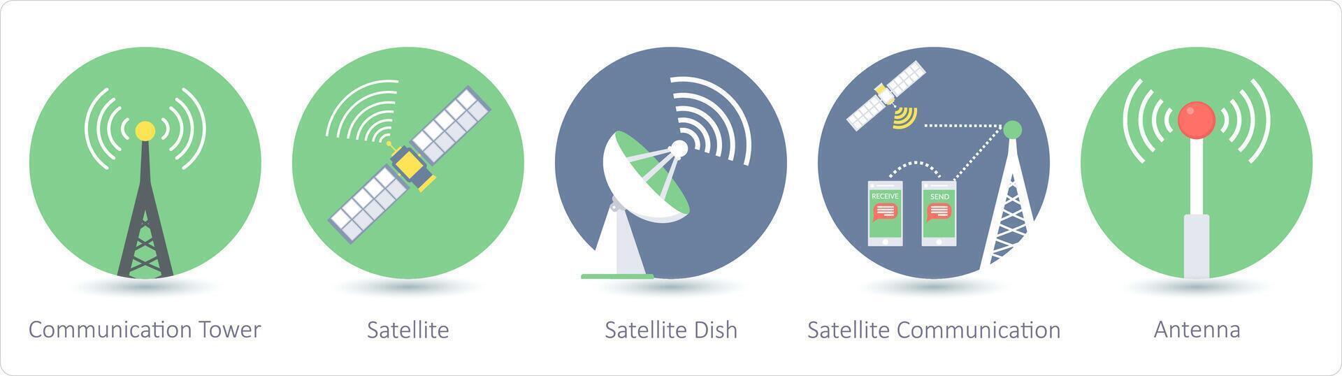 un conjunto de 5 5 comunicación íconos como comunicación torre, satélite vector