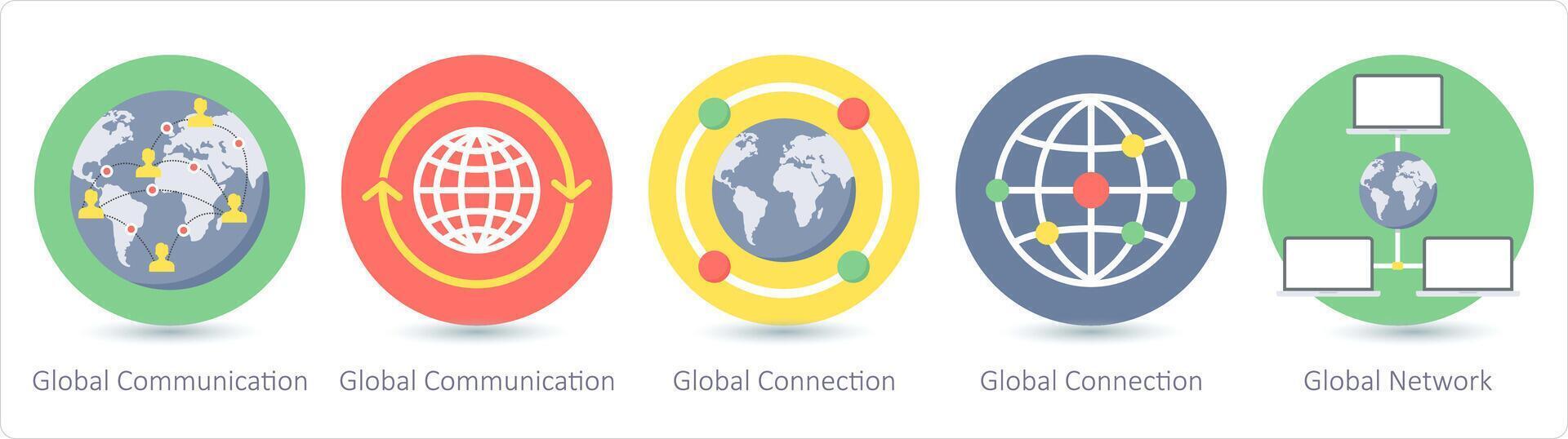 A set of 5 communication icons as global communication, global connection, global network vector