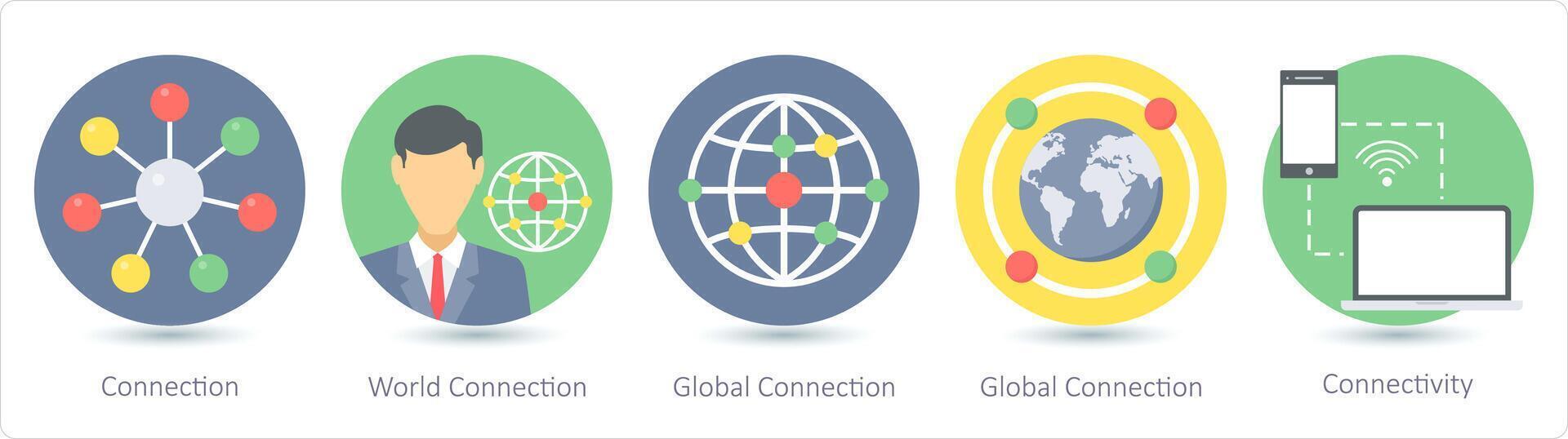 A set of 5 communication icons as connection, world connection, global connection vector