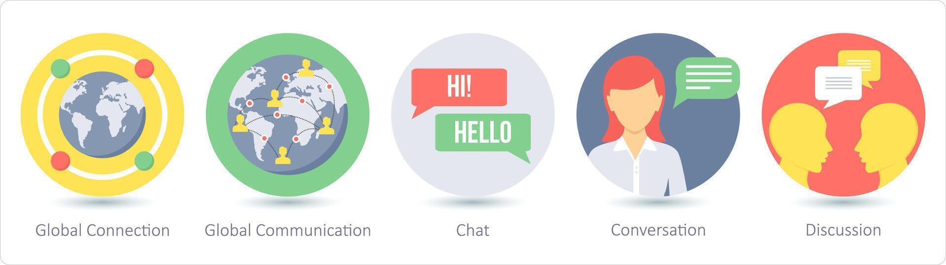 A set of 5 communication icons as global connection, global communication, chat vector