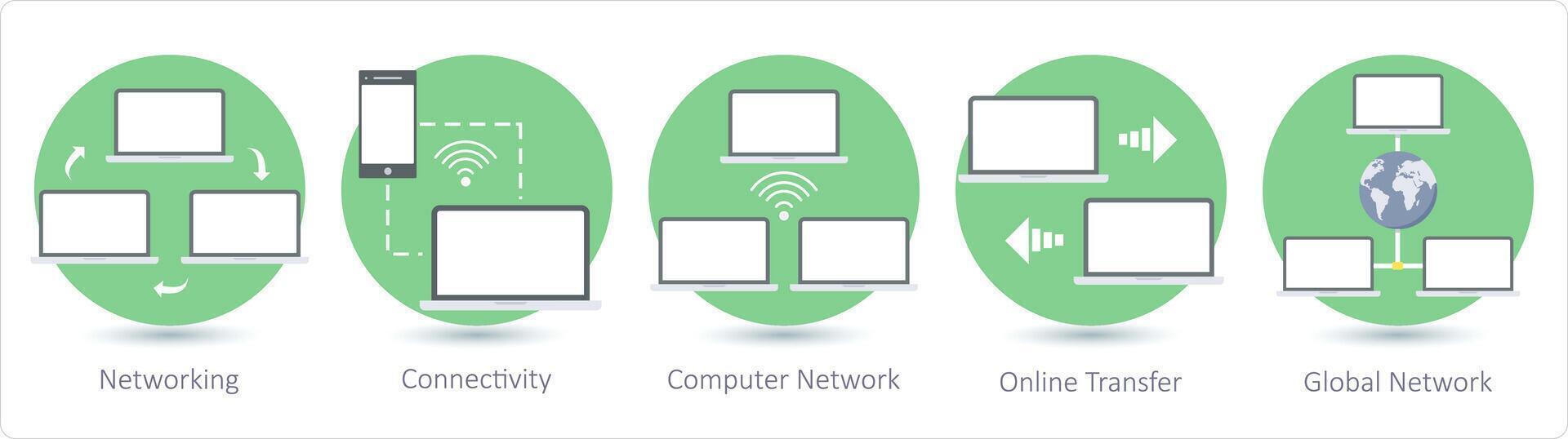 A set of 5 communication icons as networking, connectivity, computer network vector