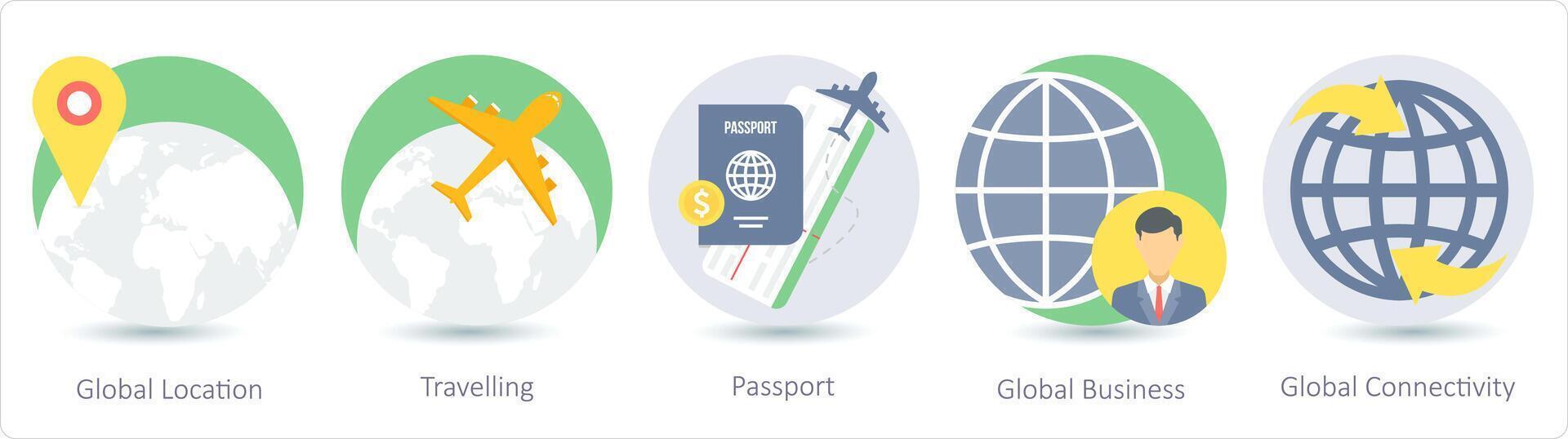 A set of 5 business icons as global location, travelling, passport vector
