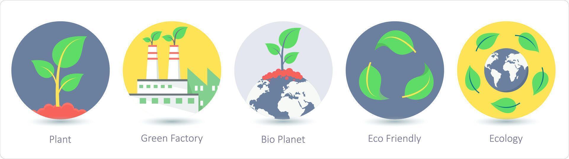 A set of 5 ecology icons as plant, green factory, bio planet vector