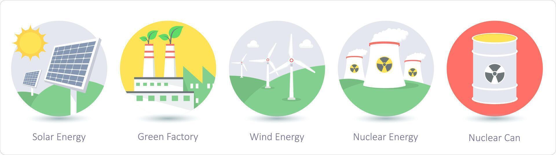 A set of 5 ecology icons as solar energy, green factory, wind energy vector