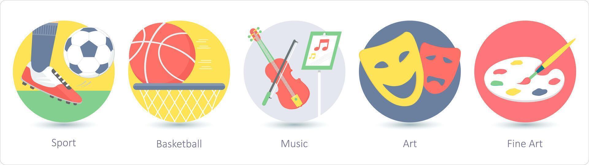 A set of 5 education icons as sport, basketball, music vector