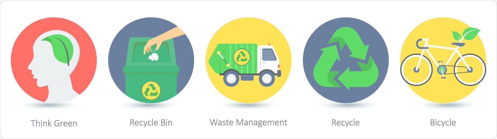 A set of 5 ecology icons as think green, recycle bin, waste management vector