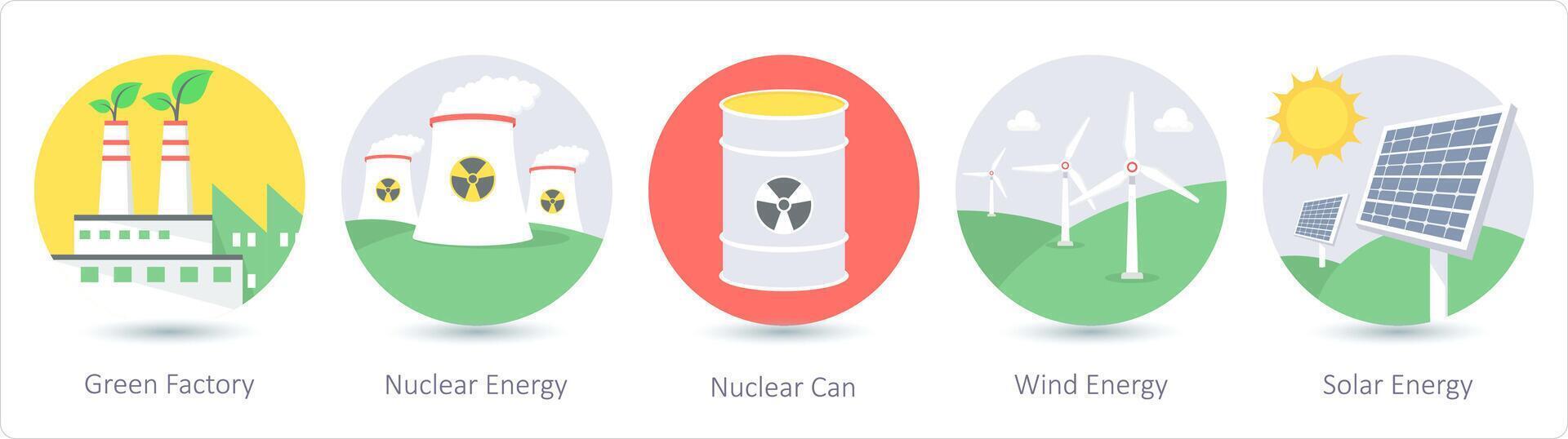 A set of 5 ecology icons as green factory, nuclear energy, nuclear can vector