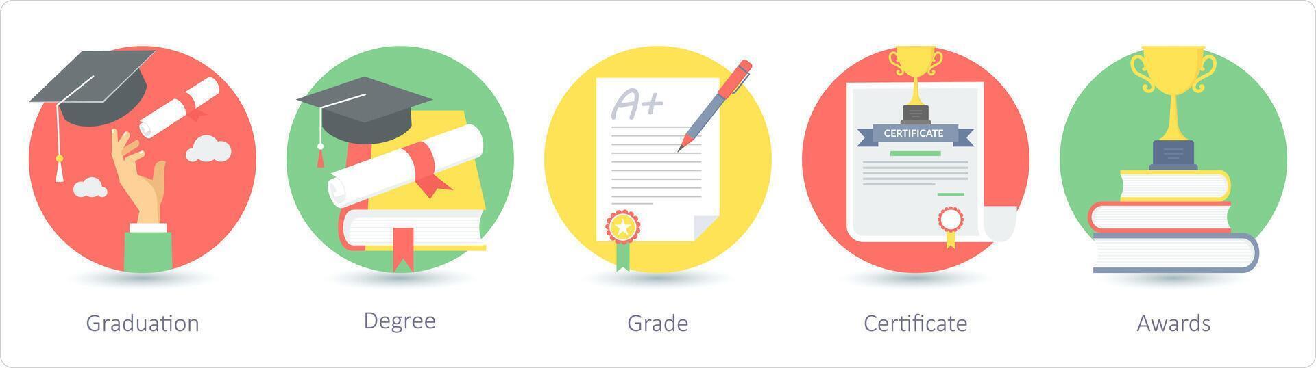 A set of 5 education icons as graduation, degree, grade vector