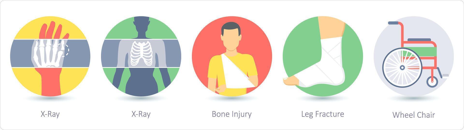 A set of 5 medical icons as x-ray, bone injury, leg fracture vector
