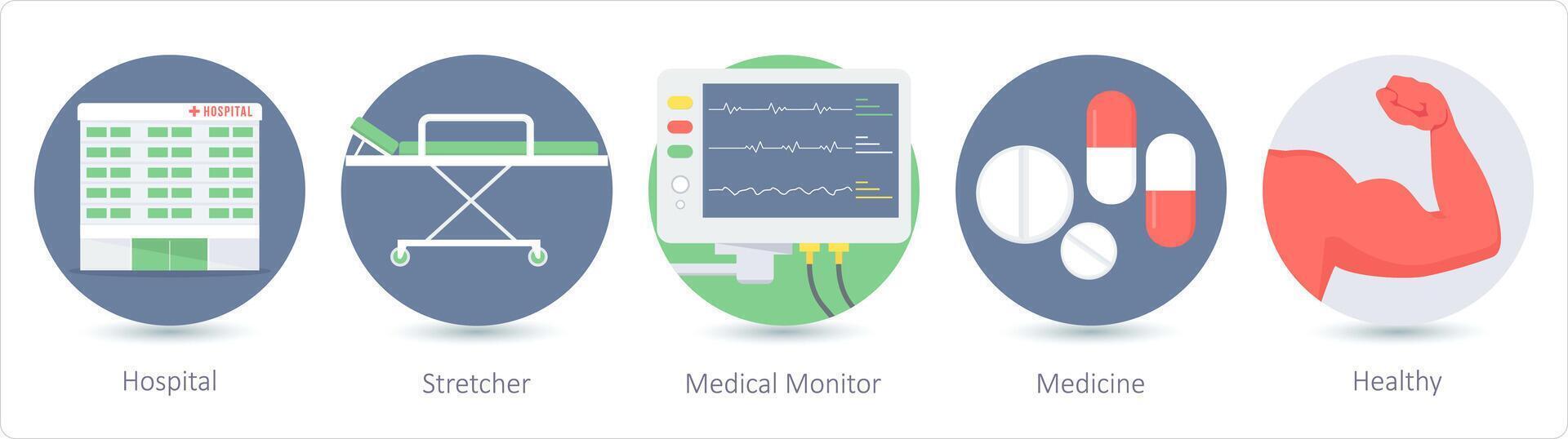 A set of 5 medical icons as hospital, stretcher, medical monitor vector