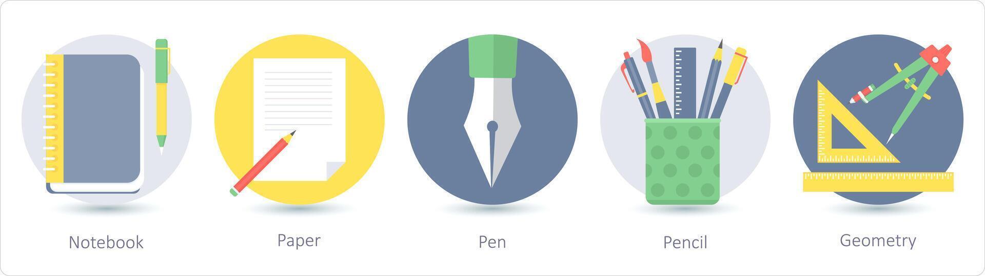 A set of 5 education icons as notebook, paper, pen vector