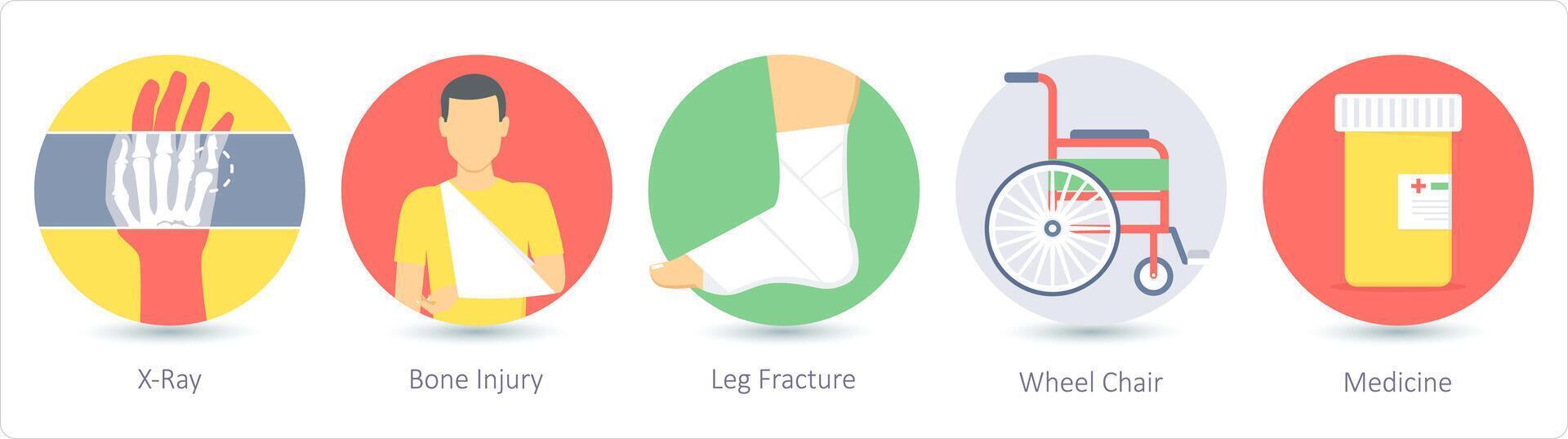 A set of 5 medical icons as x-ray, bone injury, leg fracture vector