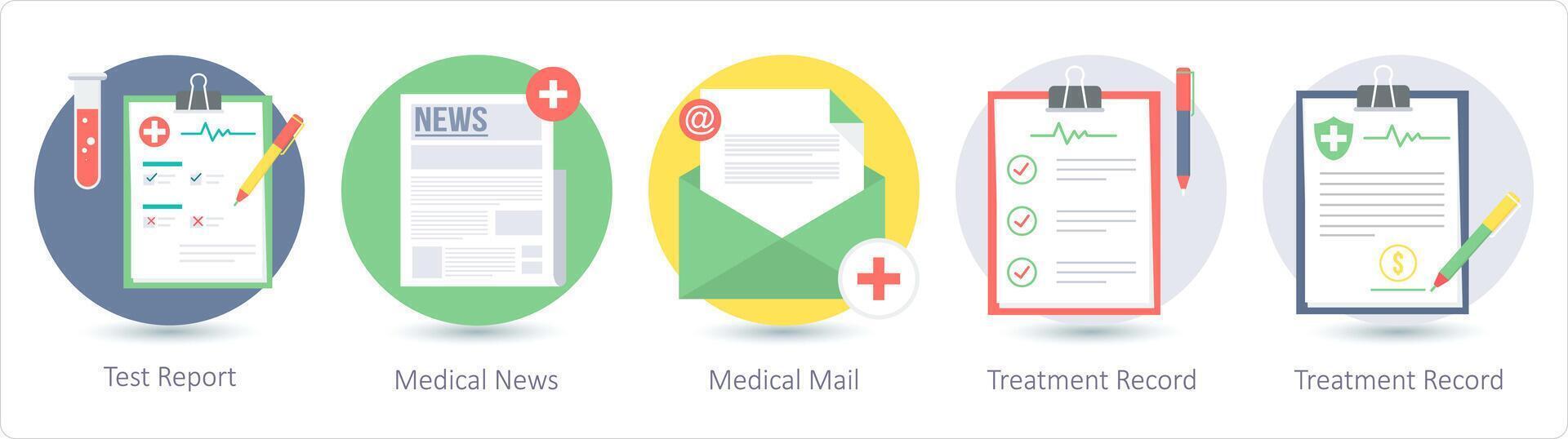 A set of 5 medical icons as test report, medical news, medical mail vector