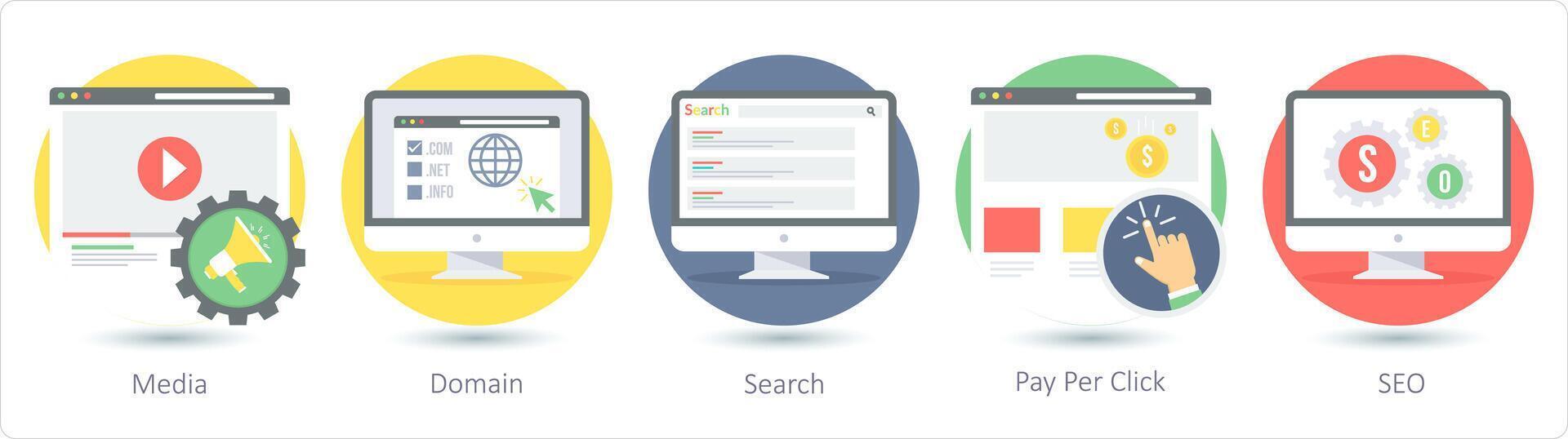 A set of 5 Web Layout icons as media, domain, search vector