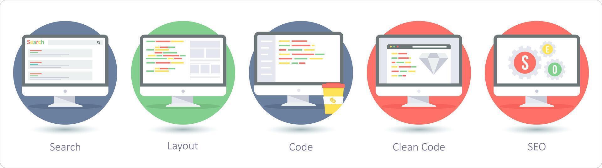 A set of 5 Web Layout icons as search, layout, code vector