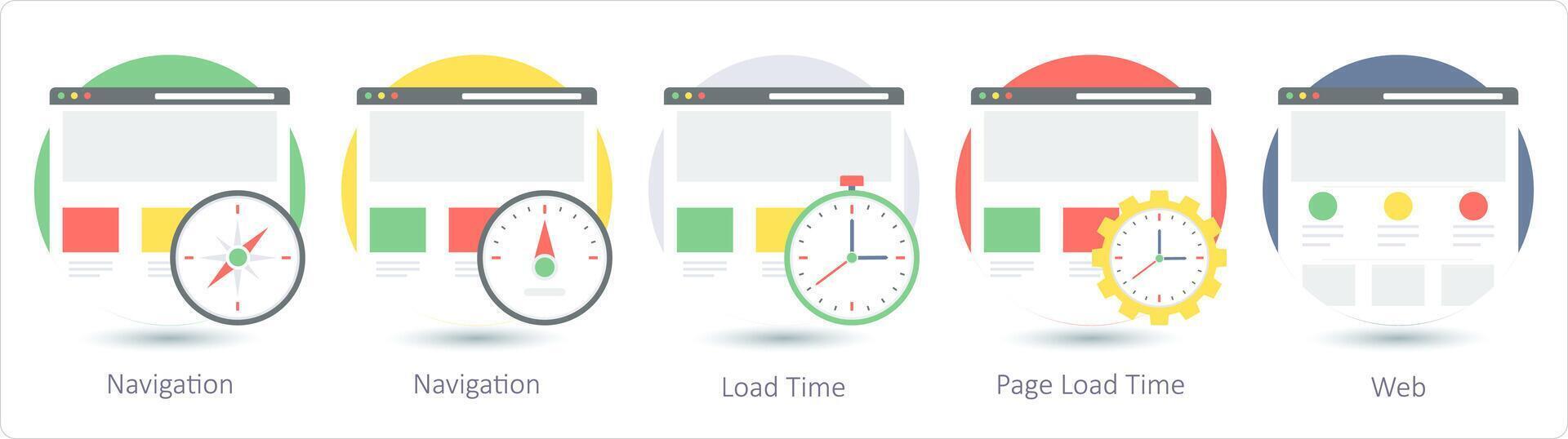 A set of 5 Web Layout icons as navigation, load time, page load time vector