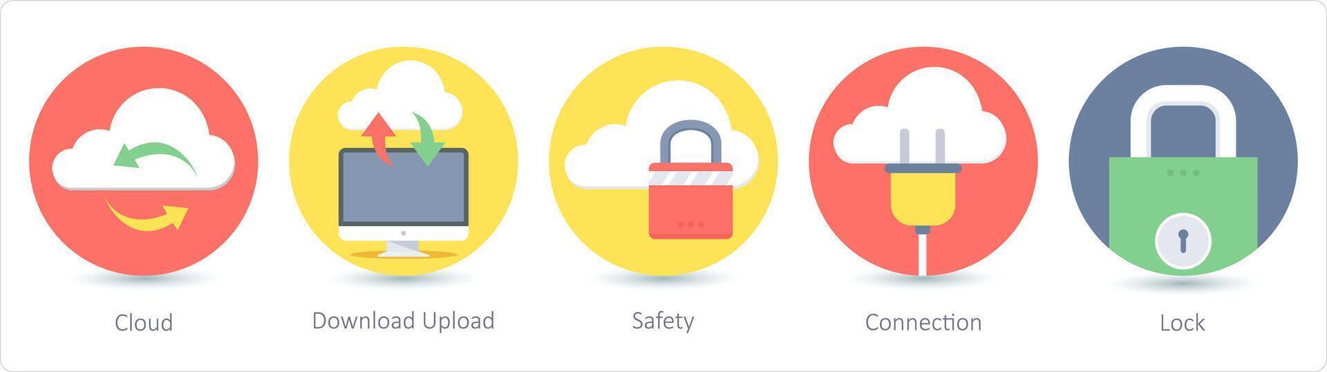 A set of 5 Seo icons as cloud, download upload, safety vector