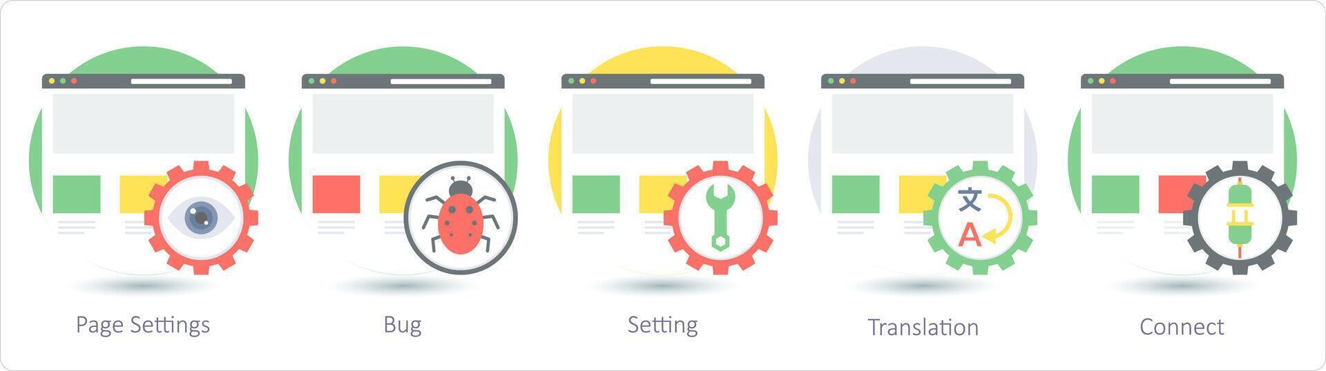 un conjunto de 5 5 web diseño íconos como página ajustes, bicho, ajuste vector