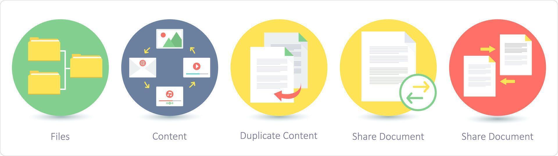 A set of 5 Seo icons as files, content, duplicate content, share document vector