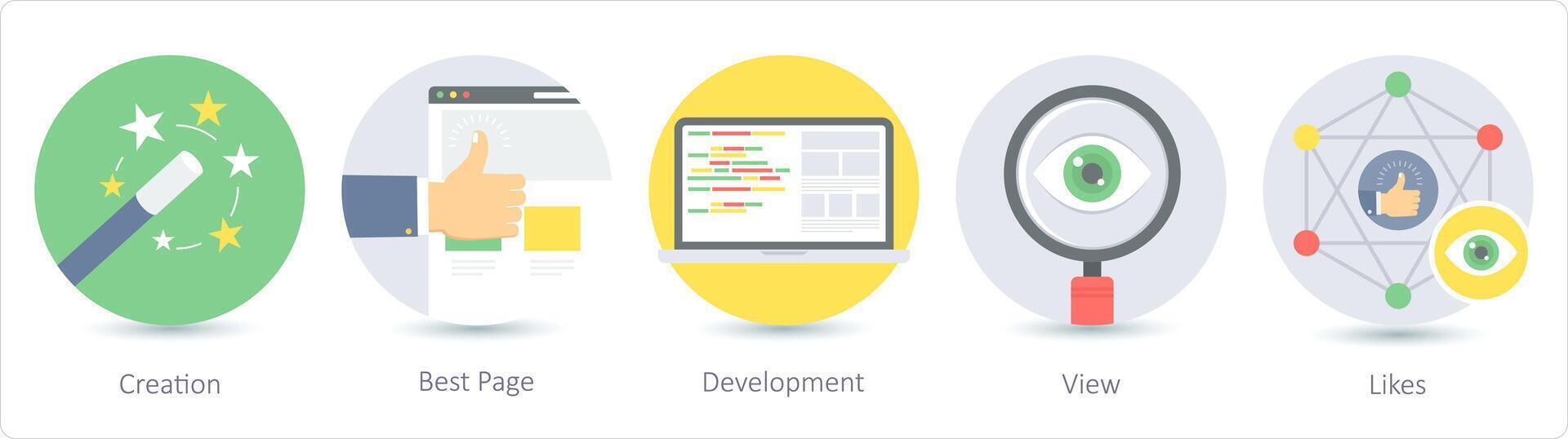 A set of 5 Seo icons as creation, best page, development vector