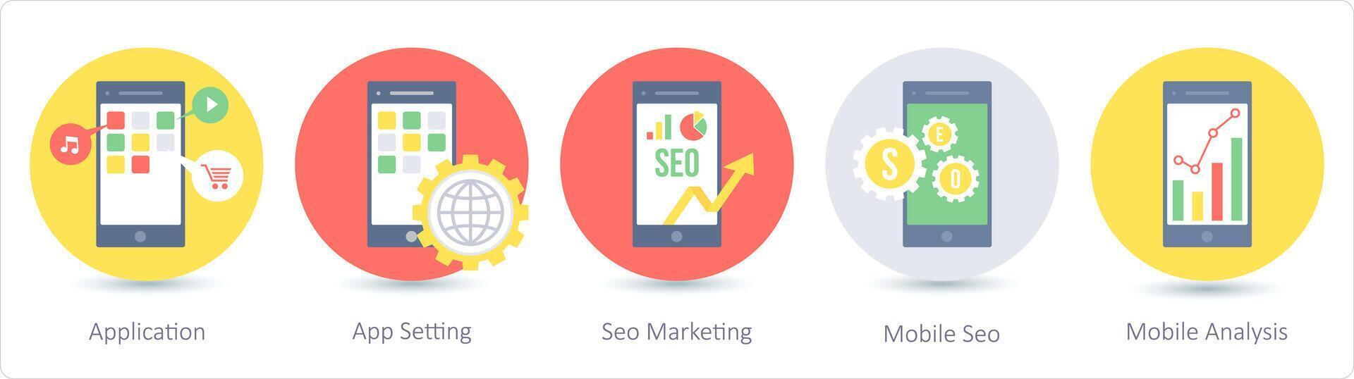 A set of 5 Seo icons as application, app setting, seo marketing vector