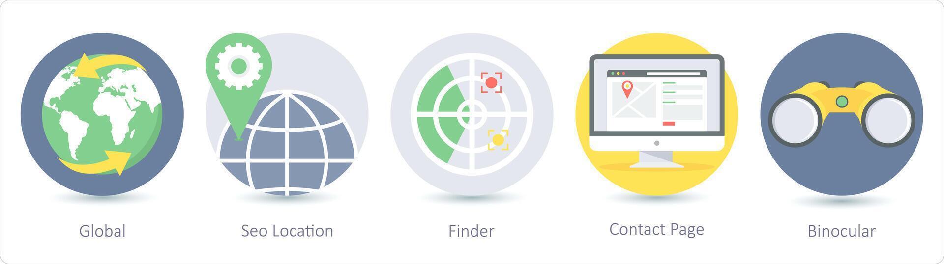 A set of 5 Seo icons as global, seo location, finder vector