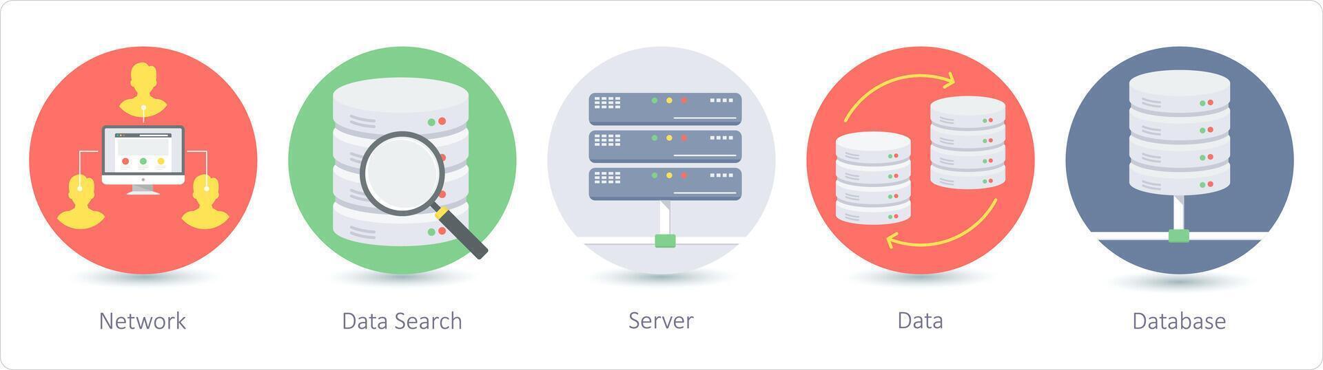 A set of 5 Seo icons as network, data search, server vector