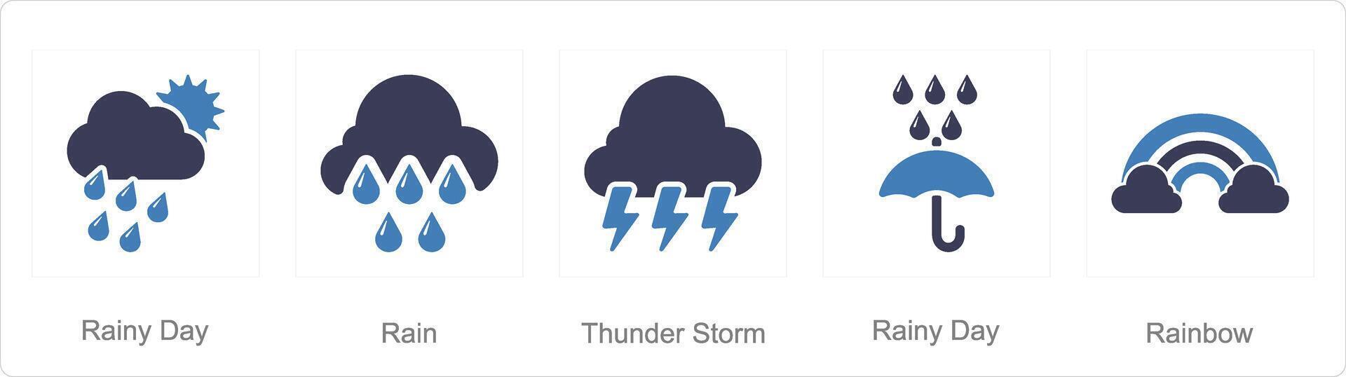 un conjunto de 5 5 mezcla íconos como lluvioso día, lluvia, trueno tormenta vector